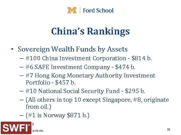 China’s Rankings • Sovereign Wealth Funds by Assets – #100 China Investment Corporation -