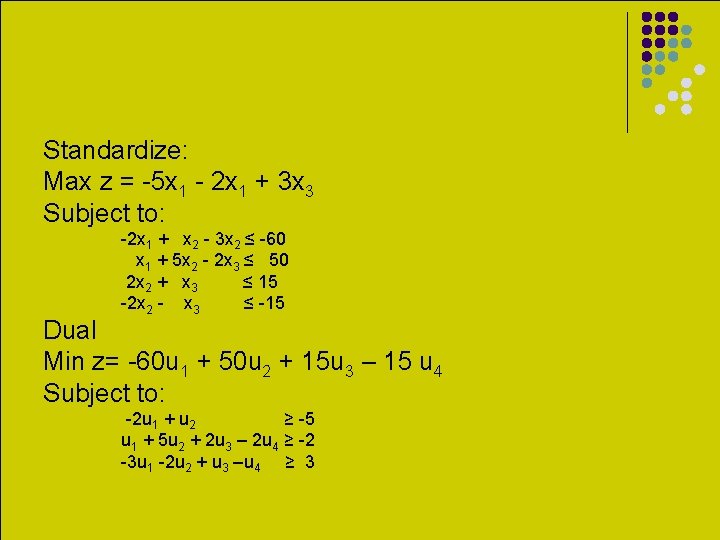 Standardize: Max z = -5 x 1 - 2 x 1 + 3 x