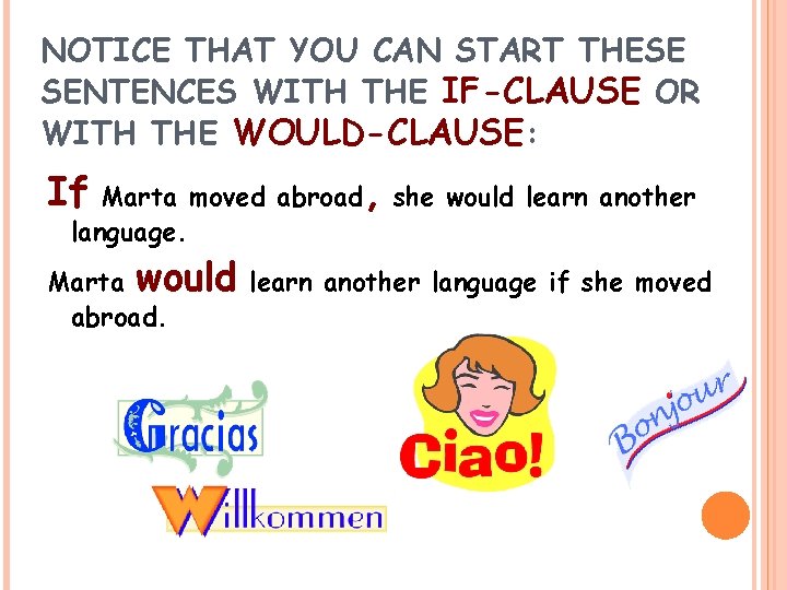 NOTICE THAT YOU CAN START THESE SENTENCES WITH THE IF-CLAUSE OR WITH THE WOULD-CLAUSE: