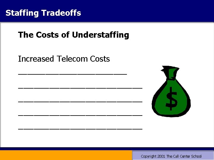 Staffing Tradeoffs The Costs of Understaffing Increased Telecom Costs ________________________ ____________ Copyright 2001 The Staffing Tradeoffs The Costs of Understaffing Increased Telecom Costs ________________________ ____________ Copyright 2001 The
