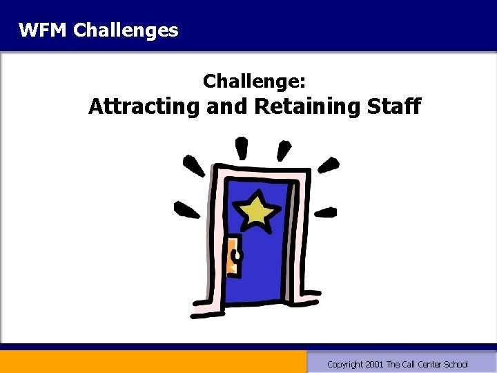 WFM Challenges Challenge: Attracting and Retaining Staff Copyright 2001 The Call Center School WFM Challenges Challenge: Attracting and Retaining Staff Copyright 2001 The Call Center School