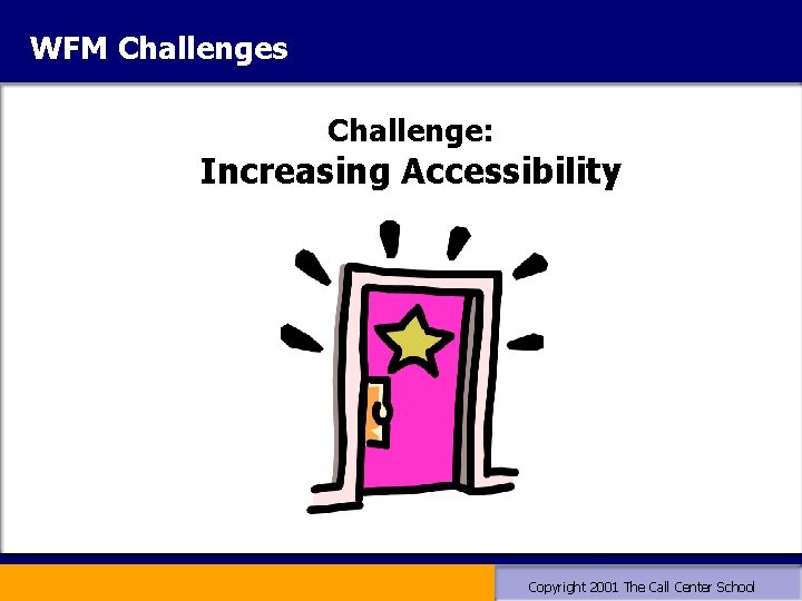 WFM Challenges Challenge: Increasing Accessibility Copyright 2001 The Call Center School WFM Challenges Challenge: Increasing Accessibility Copyright 2001 The Call Center School