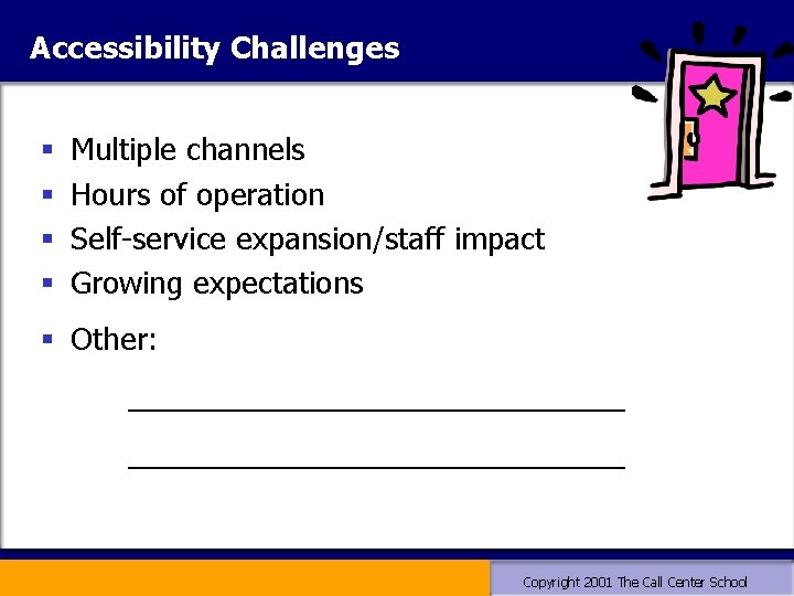 Accessibility Challenges § § Multiple channels Hours of operation Self-service expansion/staff impact Growing expectations Accessibility Challenges § § Multiple channels Hours of operation Self-service expansion/staff impact Growing expectations