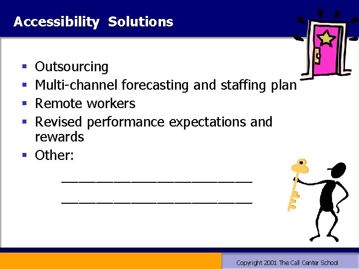 Accessibility Solutions Outsourcing Multi-channel forecasting and staffing plan Remote workers Revised performance expectations and Accessibility Solutions Outsourcing Multi-channel forecasting and staffing plan Remote workers Revised performance expectations and
