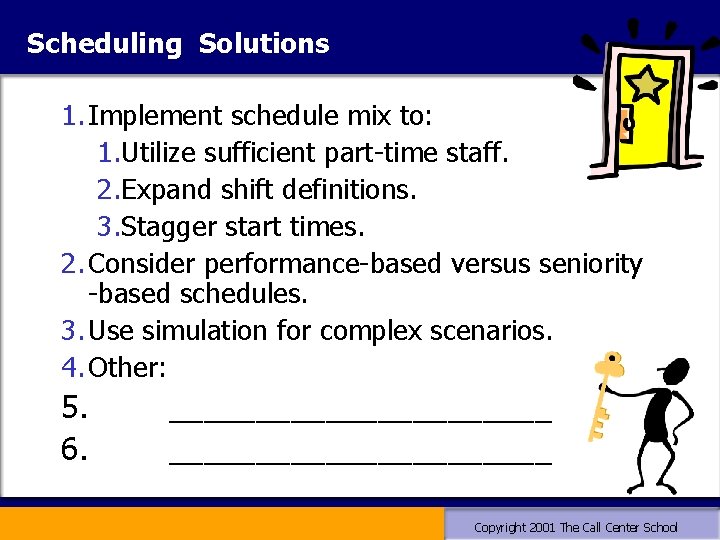 Scheduling Solutions 1. Implement schedule mix to: 1. Utilize sufficient part-time staff. 2. Expand Scheduling Solutions 1. Implement schedule mix to: 1. Utilize sufficient part-time staff. 2. Expand