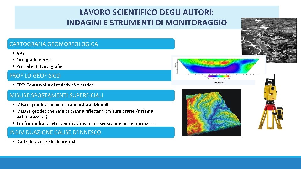 LAVORO SCIENTIFICO DEGLI AUTORI: INDAGINI E STRUMENTI DI MONITORAGGIO CARTOGRAFIA GEOMORFOLOGICA • GPS •