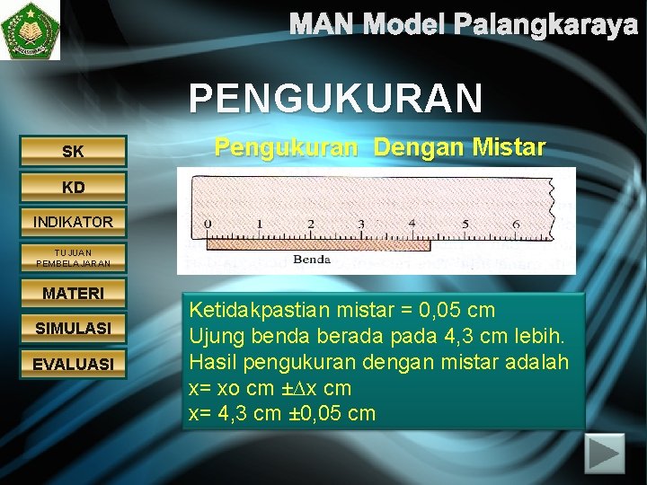 MAN Model Palangkaraya PENGUKURAN SK Pengukuran Dengan Mistar KD INDIKATOR TUJUAN PEMBELAJARAN MATERI SIMULASI