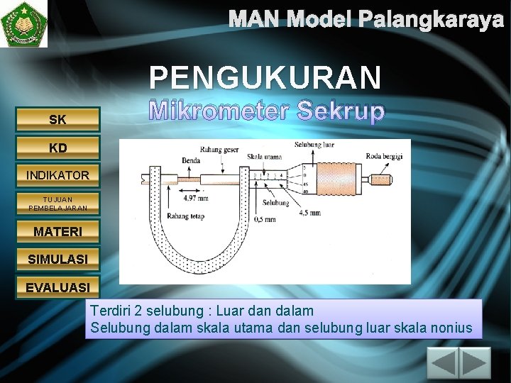 MAN Model Palangkaraya PENGUKURAN SK Mikrometer Sekrup KD INDIKATOR TUJUAN PEMBELAJARAN MATERI SIMULASI EVALUASI