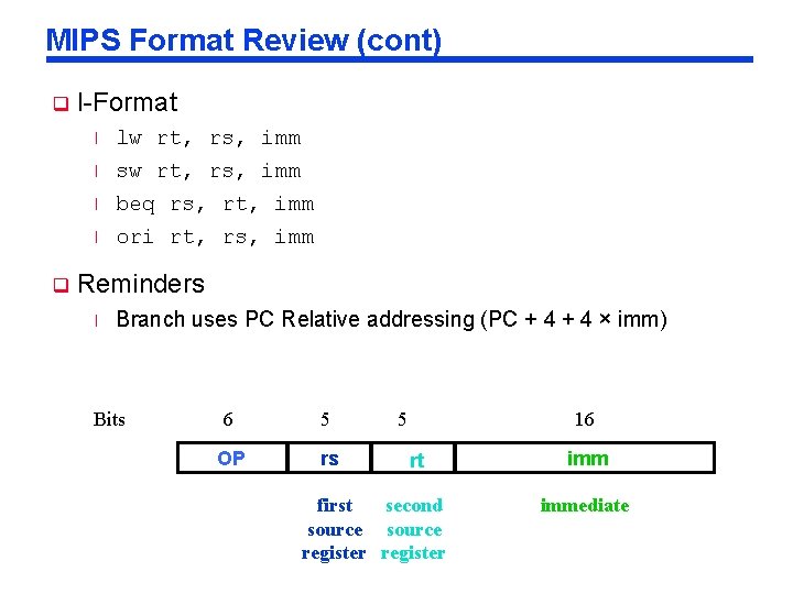 MIPS Format Review (cont) q I-Format l lw rt, rs, imm sw rt, rs,