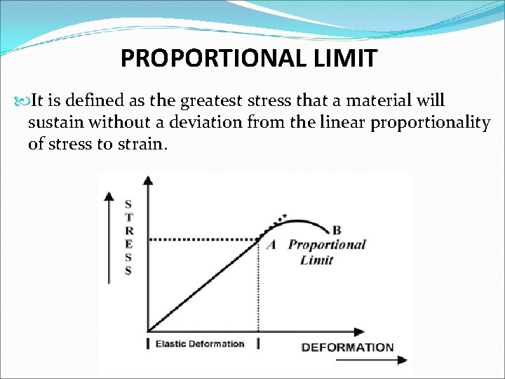 PROPORTIONAL LIMIT It is defined as the greatest stress that a material will sustain