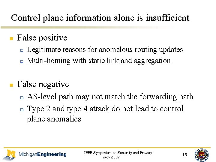 Control plane information alone is insufficient n False positive q q n Legitimate reasons