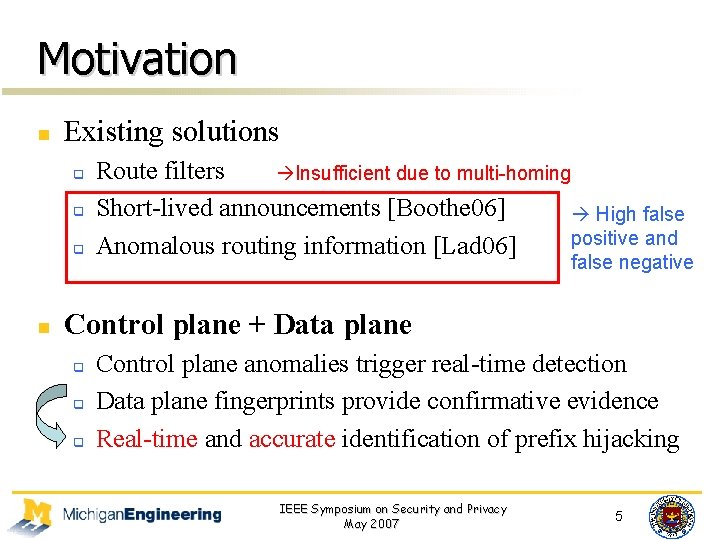 Motivation n Existing solutions q q q n Route filters Insufficient due to multi-homing
