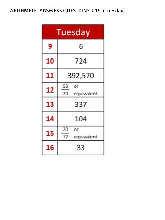 ARITHMETIC ANSWERS QUESTIONS 9 -16 (Tuesday) 