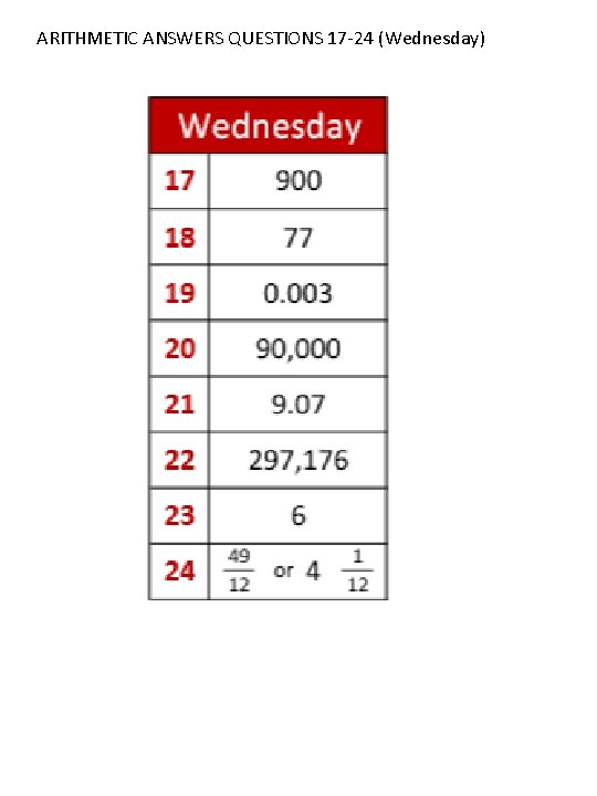 ARITHMETIC ANSWERS QUESTIONS 17 -24 (Wednesday) 