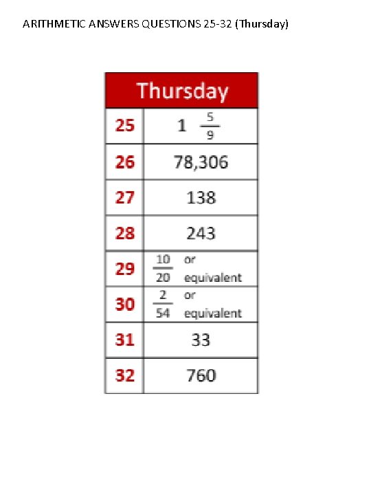 ARITHMETIC ANSWERS QUESTIONS 25 -32 (Thursday) 
