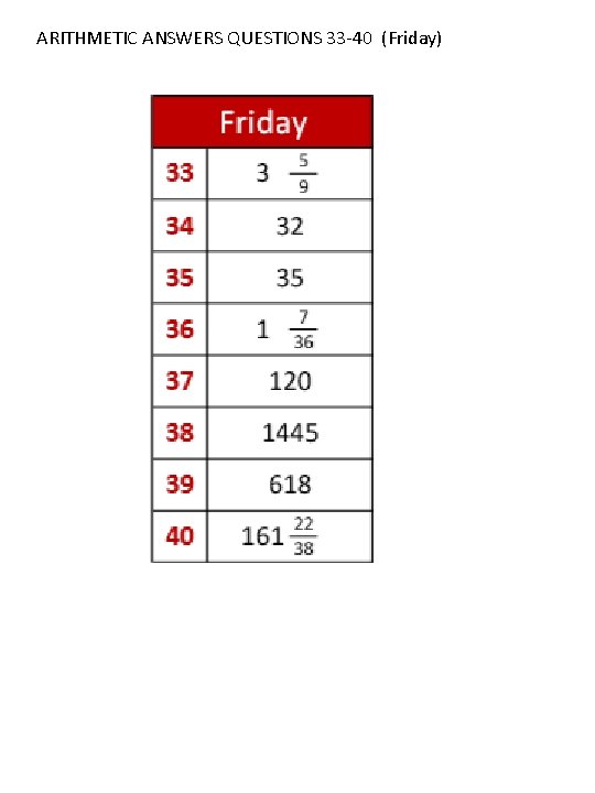 ARITHMETIC ANSWERS QUESTIONS 33 -40 (Friday) 