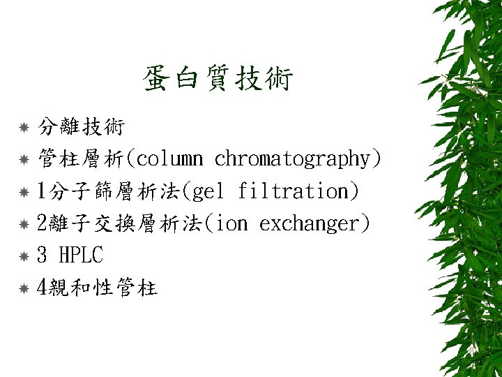 蛋白質技術 分離技術 管柱層析(column chromatography) 1分子篩層析法(gel filtration) 2離子交換層析法(ion exchanger) 3 HPLC 4親和性管柱 