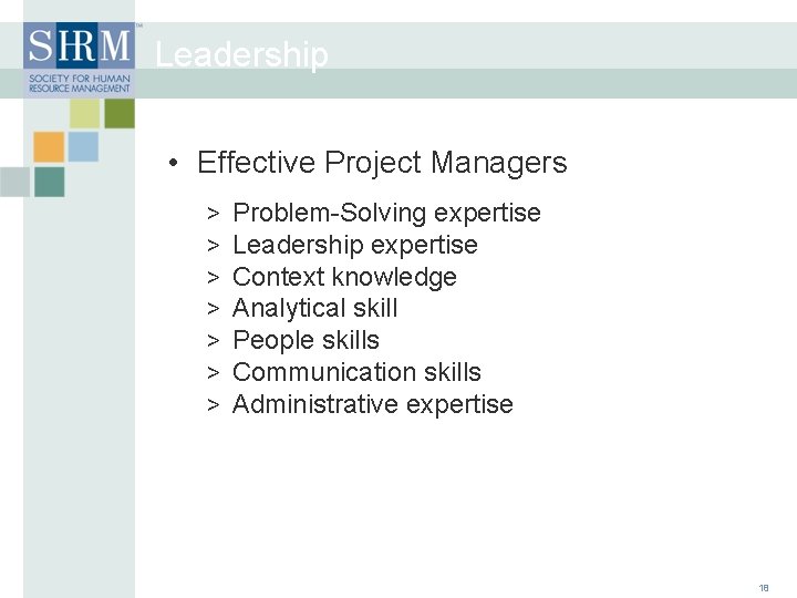 Leadership • Effective Project Managers > > > > Problem-Solving expertise Leadership expertise Context