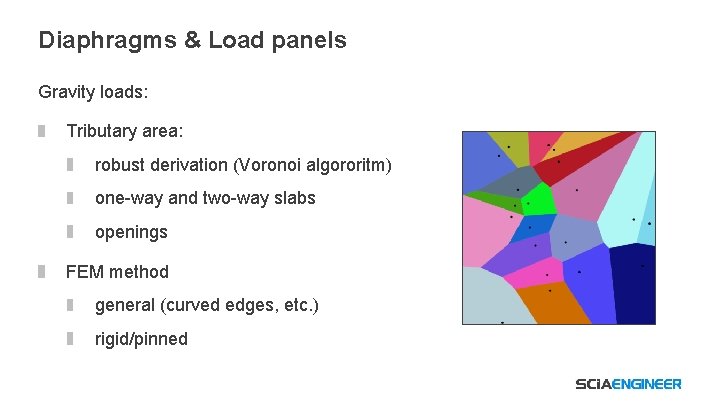 Diaphragms & Load panels Gravity loads: Tributary area: robust derivation (Voronoi algororitm) one-way and