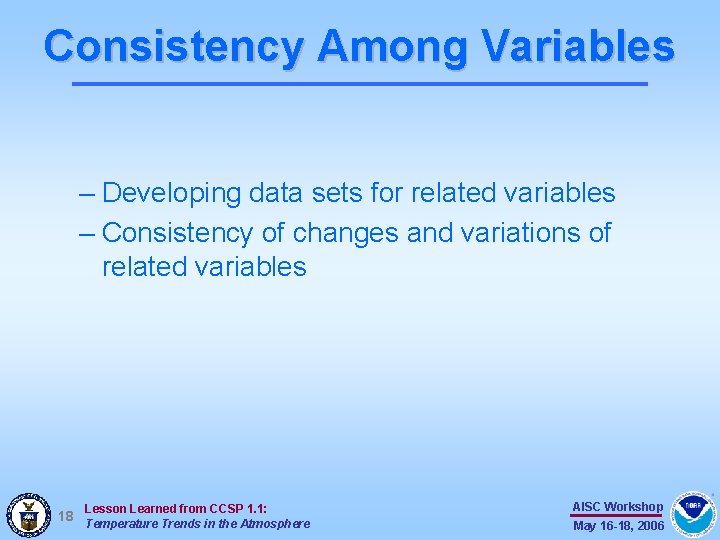 Consistency Among Variables – Developing data sets for related variables – Consistency of changes Consistency Among Variables – Developing data sets for related variables – Consistency of changes