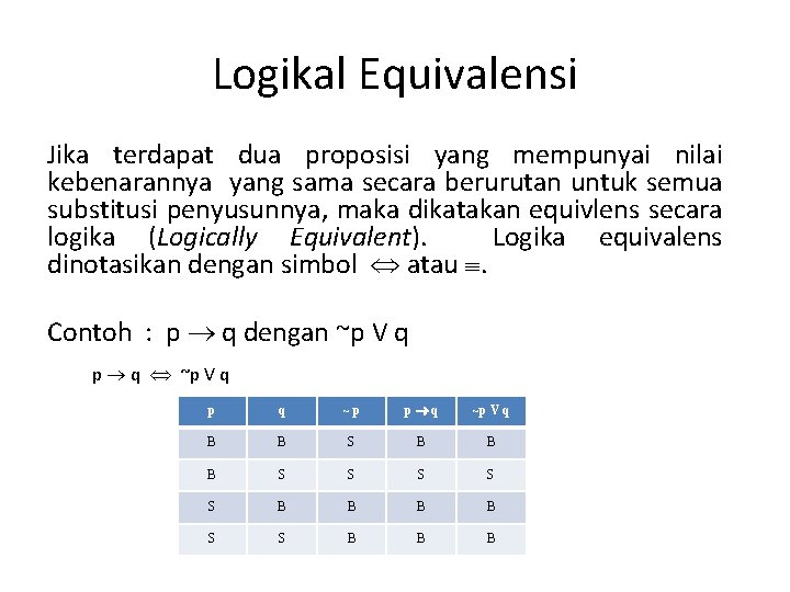 Logikal Equivalensi Jika terdapat dua proposisi yang mempunyai nilai kebenarannya yang sama secara berurutan