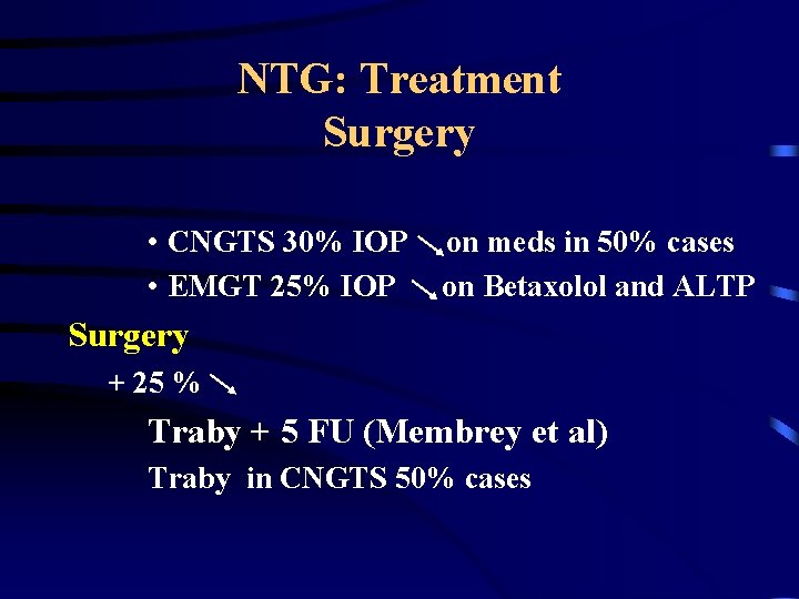 NTG: Treatment Surgery • CNGTS 30% IOP • EMGT 25% IOP on meds in