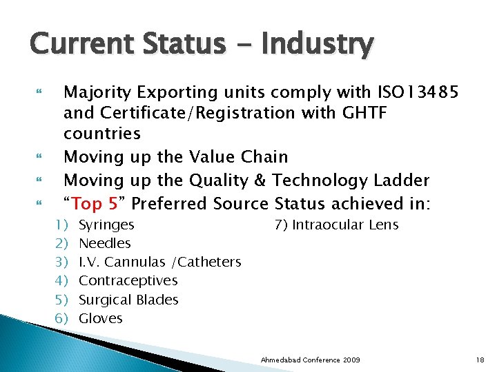 Current Status - Industry Majority Exporting units comply with ISO 13485 and Certificate/Registration with