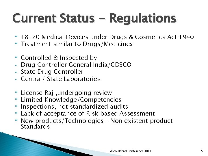 Current Status - Regulations § § § 18 -20 Medical Devices under Drugs &