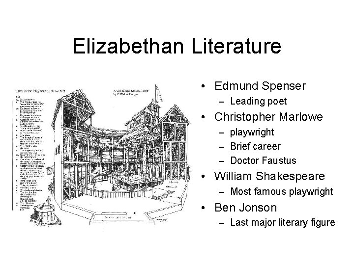 Elizabethan Literature • Edmund Spenser – Leading poet • Christopher Marlowe – playwright –