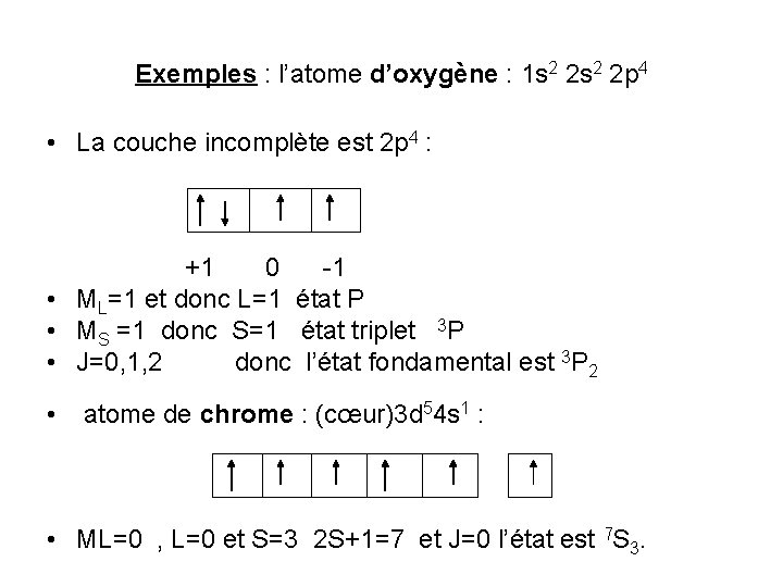 Exemples : l’atome d’oxygène : 1 s 2 2 p 4 • La couche