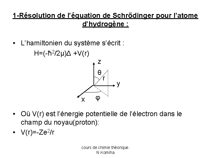 1 -Résolution de l’équation de Schrödinger pour l’atome d’hydrogène : • L’hamiltonien du système