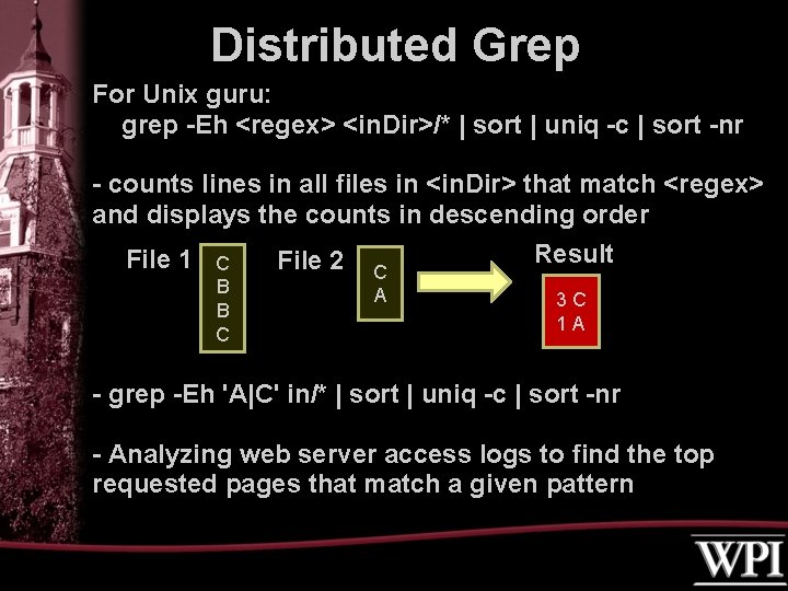 Distributed Grep For Unix guru: grep -Eh <regex> <in. Dir>/* | sort | uniq