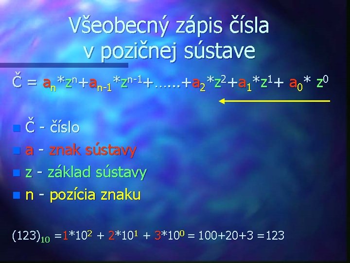 Všeobecný zápis čísla v pozičnej sústave Č = an*zn+an-1*zn-1+…. . . +a 2*z 2+a