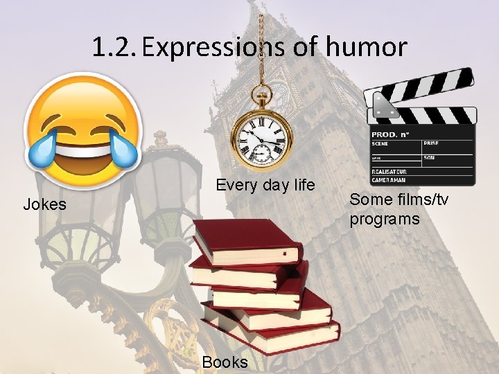 1. 2. Expressions of humor Every day life Jokes Books Some films/tv programs 1. 2. Expressions of humor Every day life Jokes Books Some films/tv programs