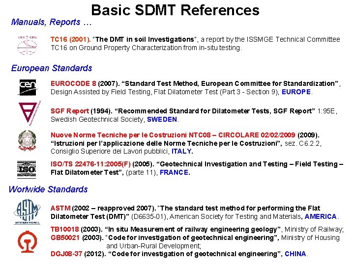 Basic SDMT References Manuals, Reports … TC 16 (2001). “The DMT in soil Investigations”,