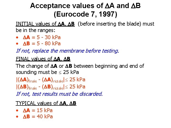 Acceptance values of A and B (Eurocode 7, 1997) INITIAL values of A, B