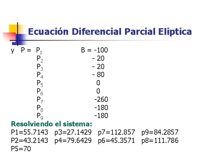 Ecuación Diferencial Parcial Eliptica y P = P 1 B = -100 P 2
