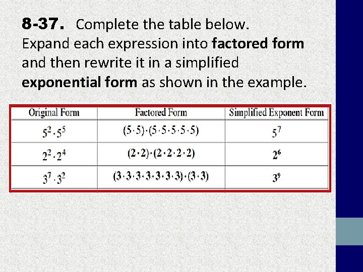 8 -37. Complete the table below. Expand each expression into factored form and then