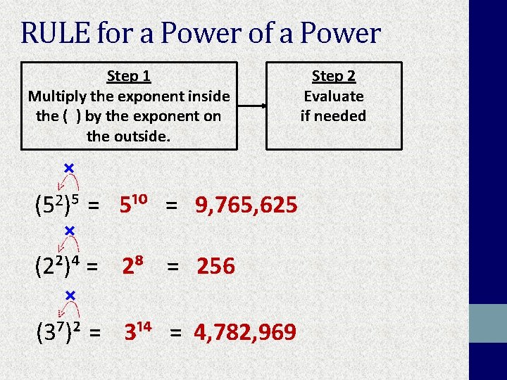 RULE for a Power of a Power Step 1 Multiply the exponent inside the