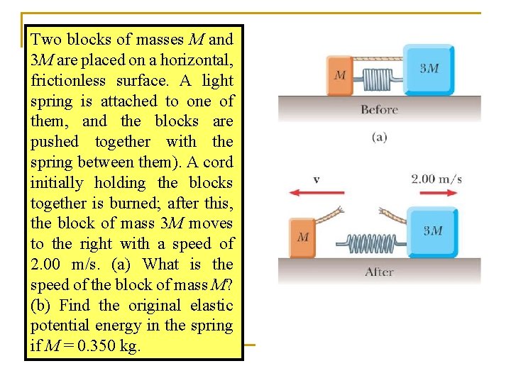 Two blocks of masses M and 3 M are placed on a horizontal, frictionless