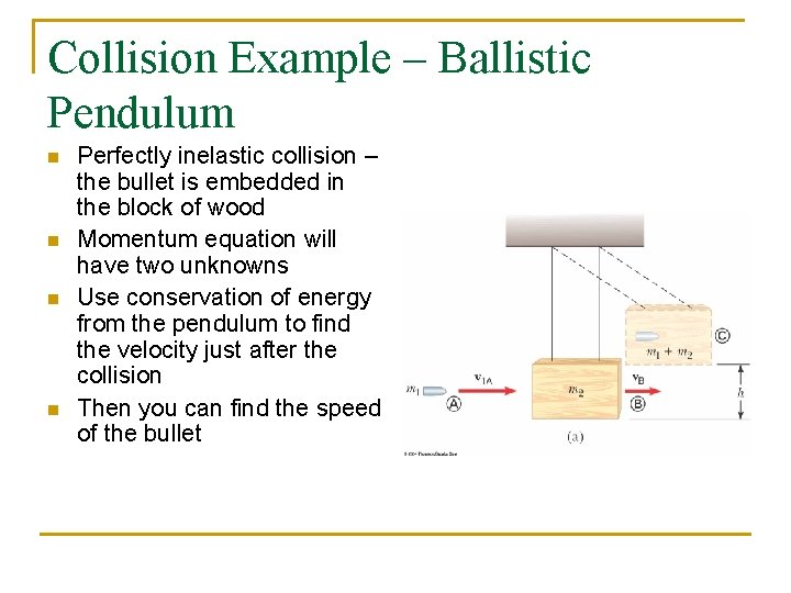 Collision Example – Ballistic Pendulum n n Perfectly inelastic collision – the bullet is