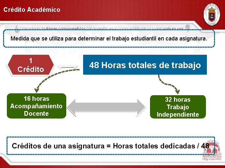 Crédito Académico Medida que se utiliza para determinar el trabajo estudiantil en cada asignatura.