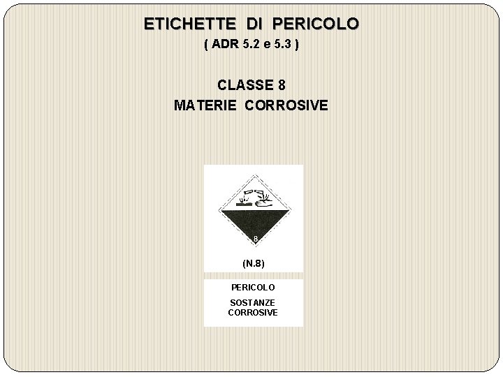 ETICHETTE DI PERICOLO ( ADR 5. 2 e 5. 3 ) CLASSE 8 MATERIE