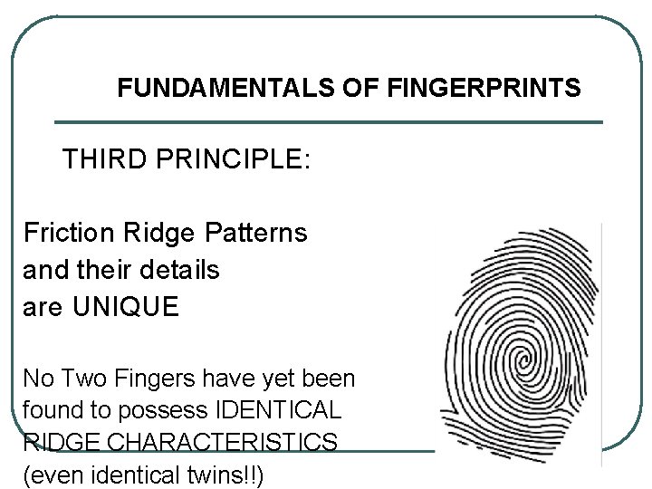 FUNDAMENTALS OF FINGERPRINTS THIRD PRINCIPLE: Friction Ridge Patterns and their details are UNIQUE No