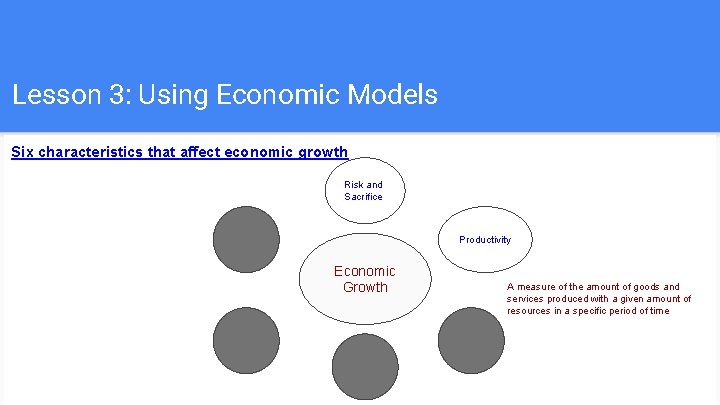 Lesson 3: Using Economic Models Six characteristics that affect economic growth Risk and Sacrifice