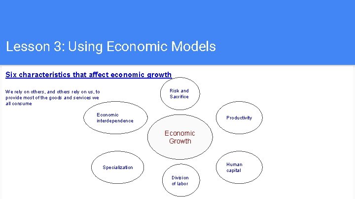 Lesson 3: Using Economic Models Six characteristics that affect economic growth Risk and Sacrifice