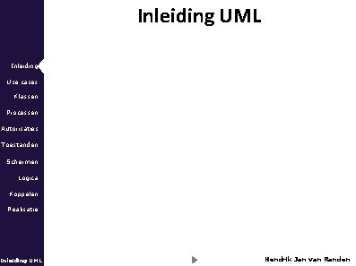 Inleiding UML Inleiding Use cases Klassen Processen Autorisaties Toestanden Schermen Logica Koppelen Realisatie Inleiding