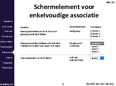 blz 92 Schermelement voor enkelvoudige associatie Inleiding Use cases Klassen Processen Autorisaties Toestanden Situatie: