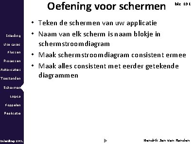 Oefening voor schermen Inleiding Use cases Klassen Processen Autorisaties Toestanden blz 101 • Teken