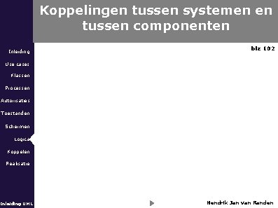 Koppelingen tussen systemen en tussen componenten Inleiding blz 102 Use cases Klassen Processen Autorisaties